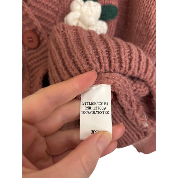 Luna Ivy Cardigan Womens XS Floral Sweater Pink Kit Appliqué Balloon Sleeve - Picture 4 of 5